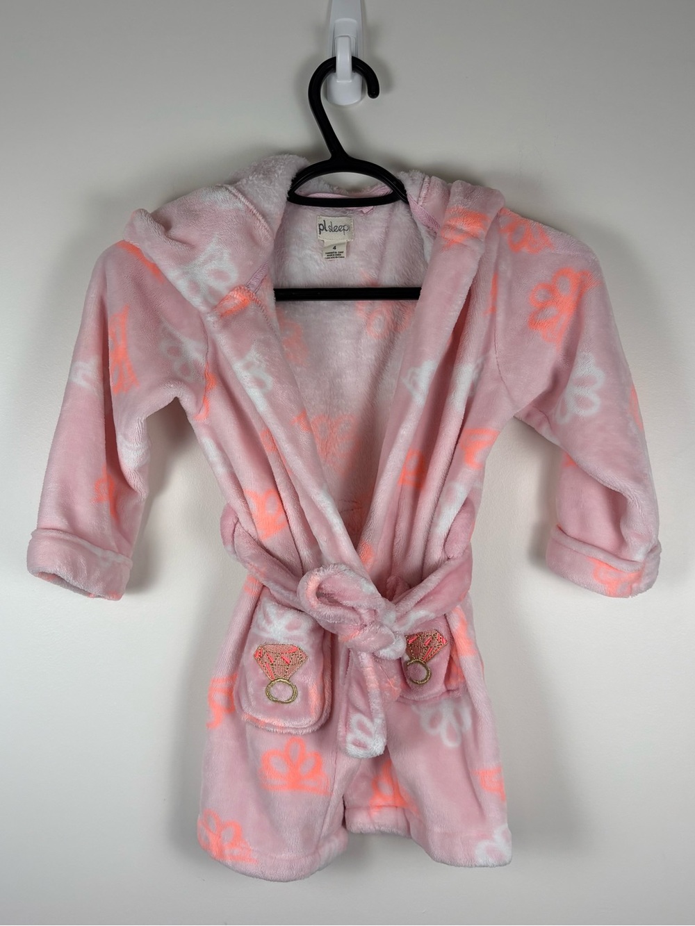 PL Sleep by Petit Lem Girls Pink Princess Hooded Robe Fuzzy Cozy Youth Size 4